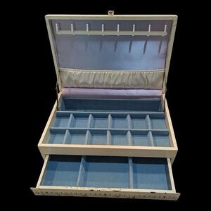 60s Mele & Co. Large Cream W Blue Interior, 3 Tiered, Pop Out Drawer Jewelry Box